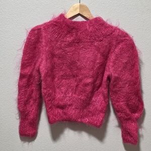 Womens Fuzzy Hot Pink Sweater Mohair Cropped Pullover Vintage Wool